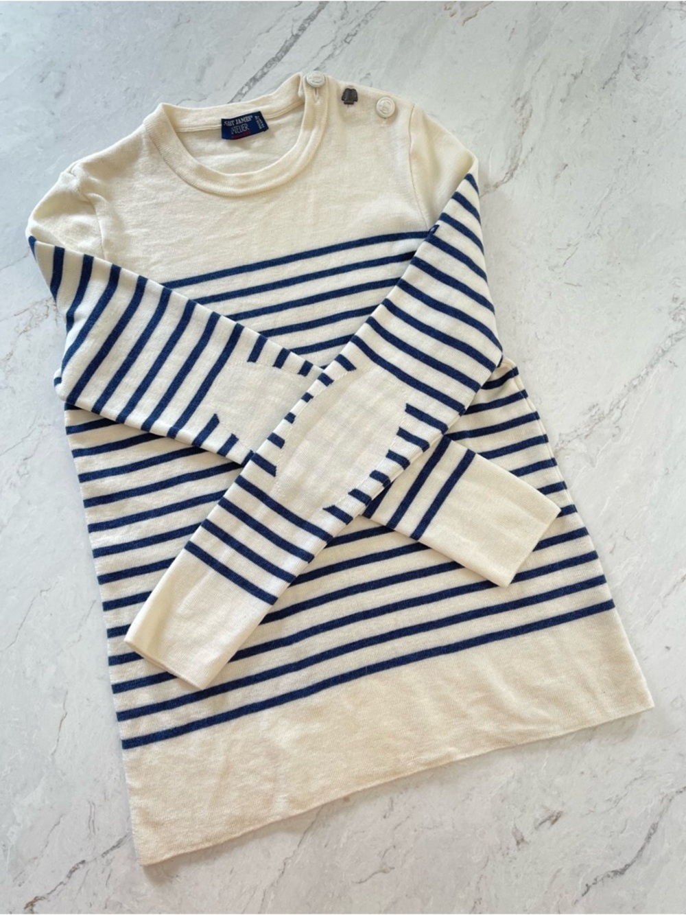 SAINT JAMES FRANCE Cream & Navy Nautical Striped Crewneck Wool Sweater, S (4-6) - Picture 12 of 13
